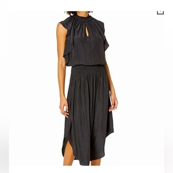 Ramy Brook Wren Dress Size med Black Flutter Sleeve Midi Smocked Waist Ruffled - Picture 1 of 8
